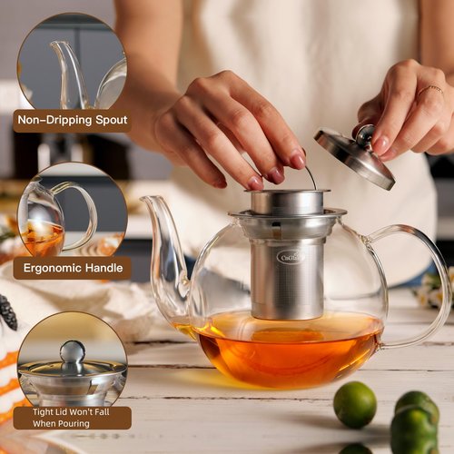 CNGLASS 900ml Glass Teapot with Removable Infuser,Clear Tea Kettle Stovetop Safe,Blooming and Loose Leaf Tea Maker