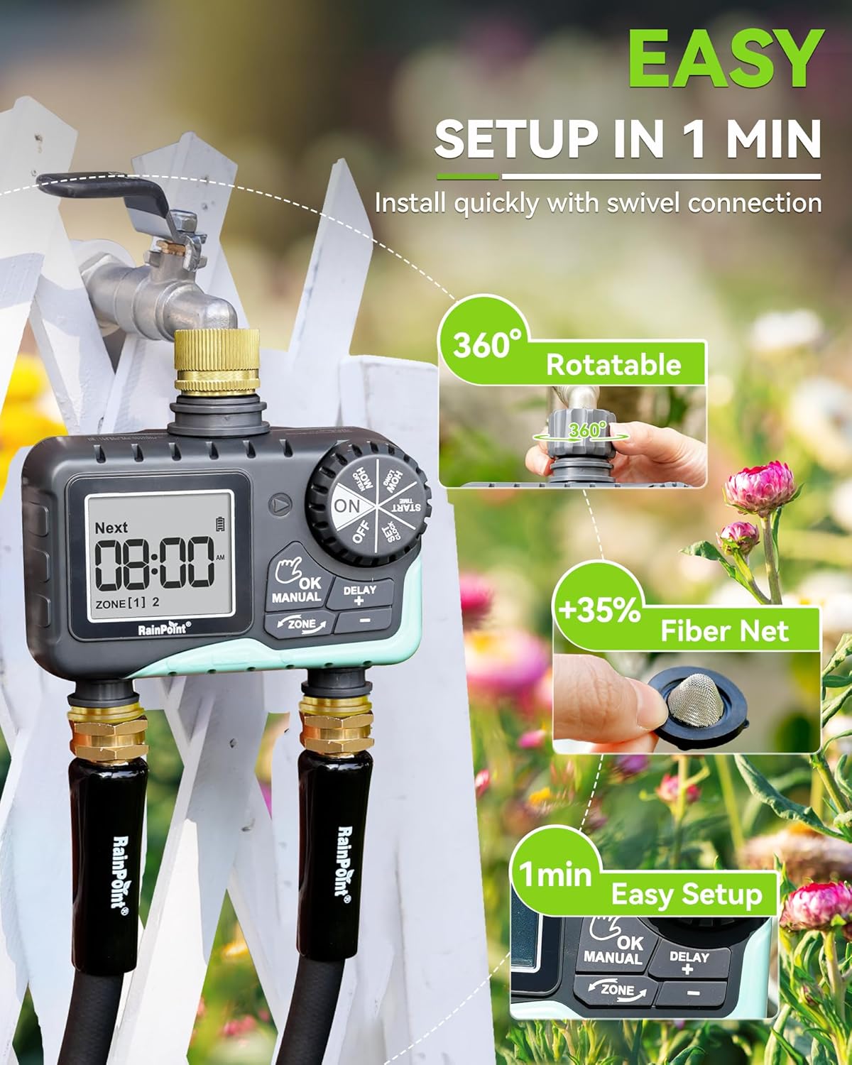 RAINPOINT 2-Zone Sprinkler Timer - Brass Inlet/Outlet for Automatic Irrigation System | Garden Hose Water Timer (Blue)