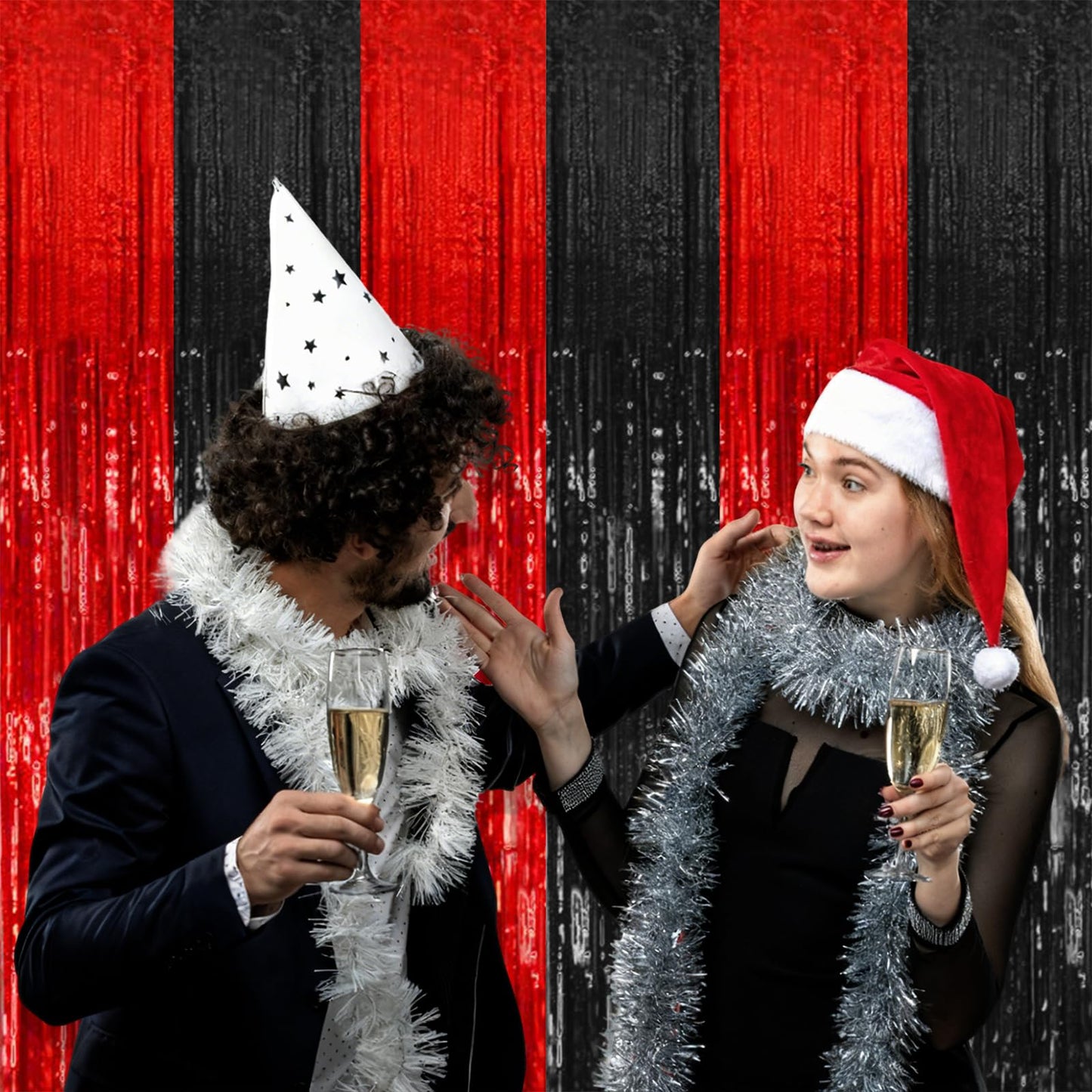 5 Pack Black and Red Party Backdrop Streamers Decorations Foil Fringe Curtains Metallic Tinsel Backdrop for Birthday Halloween Christmas New Year Fancy Ball Graduation Party Decor