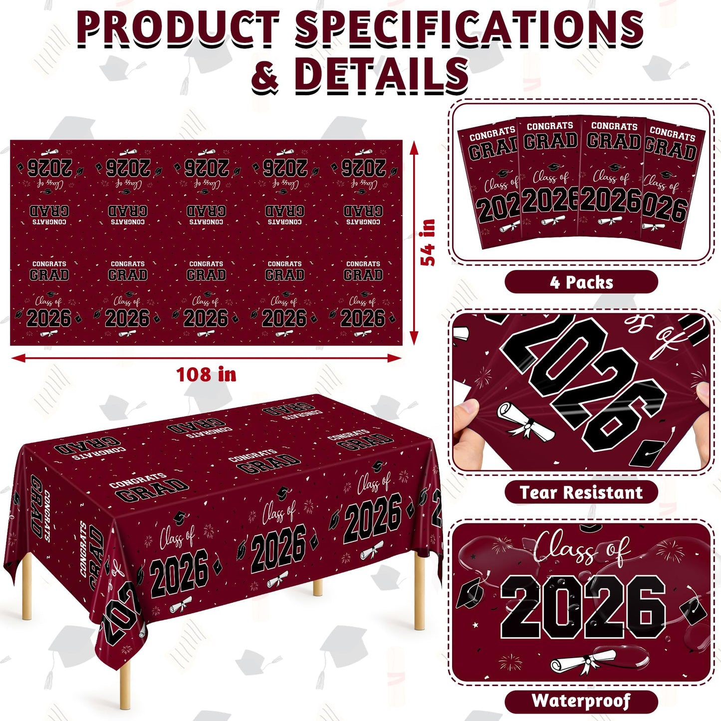 QZYL 4 Pack Graduation Table Decorations 2026, 54" x 108" Maroon Graduation Table Cloths, Disposable Grad Party Decorations for Class of 2026 Congrats Grad, Rectangle Plastic Tablecloth for College
