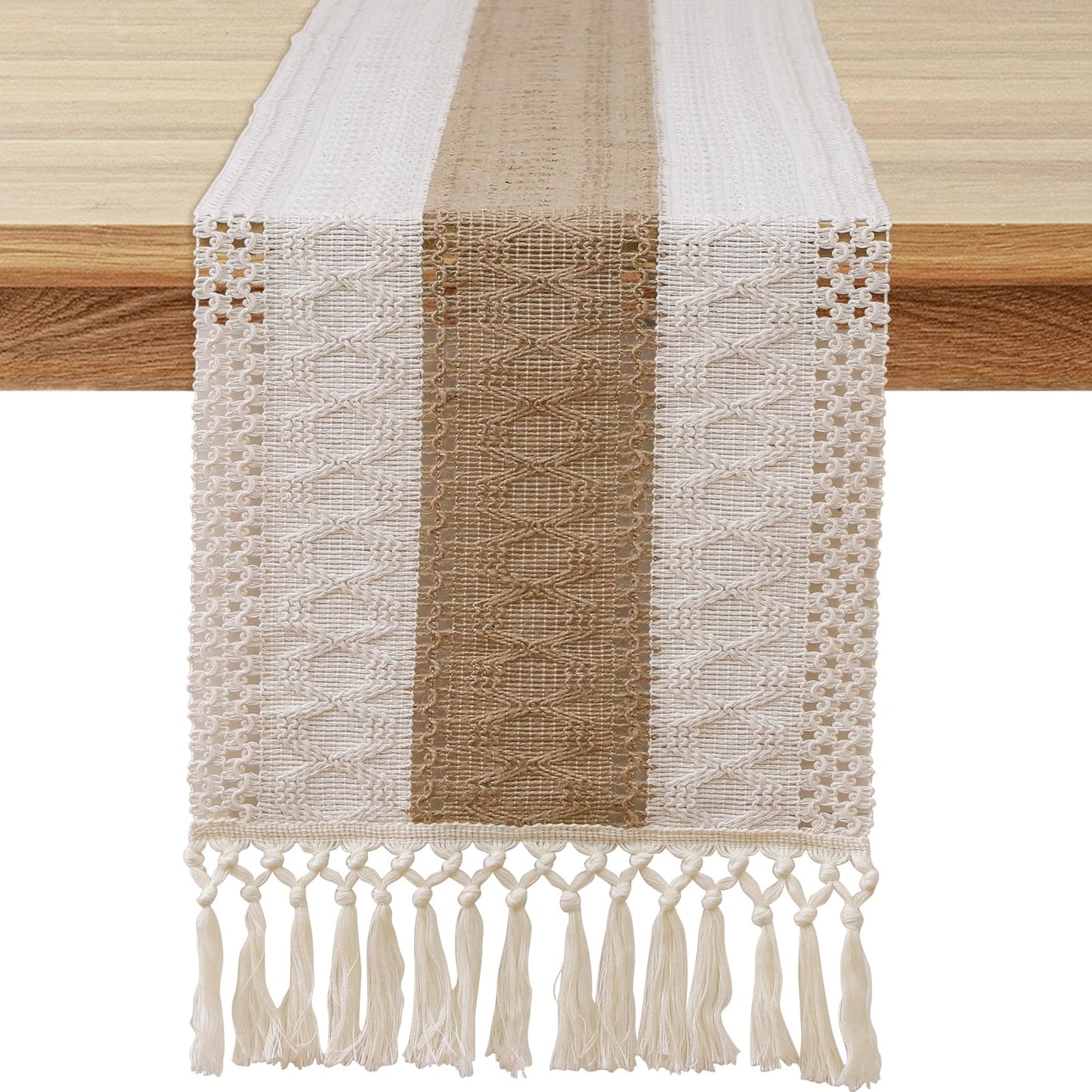OTOSTAR Boho Table Runner with Tassels 60 Inches Long Farmhouse Rustic Table Runner Macrame Burlap Table Decoration for Home Decor Living Room Bridal Shower, Single Striped (12x60 Inches)
