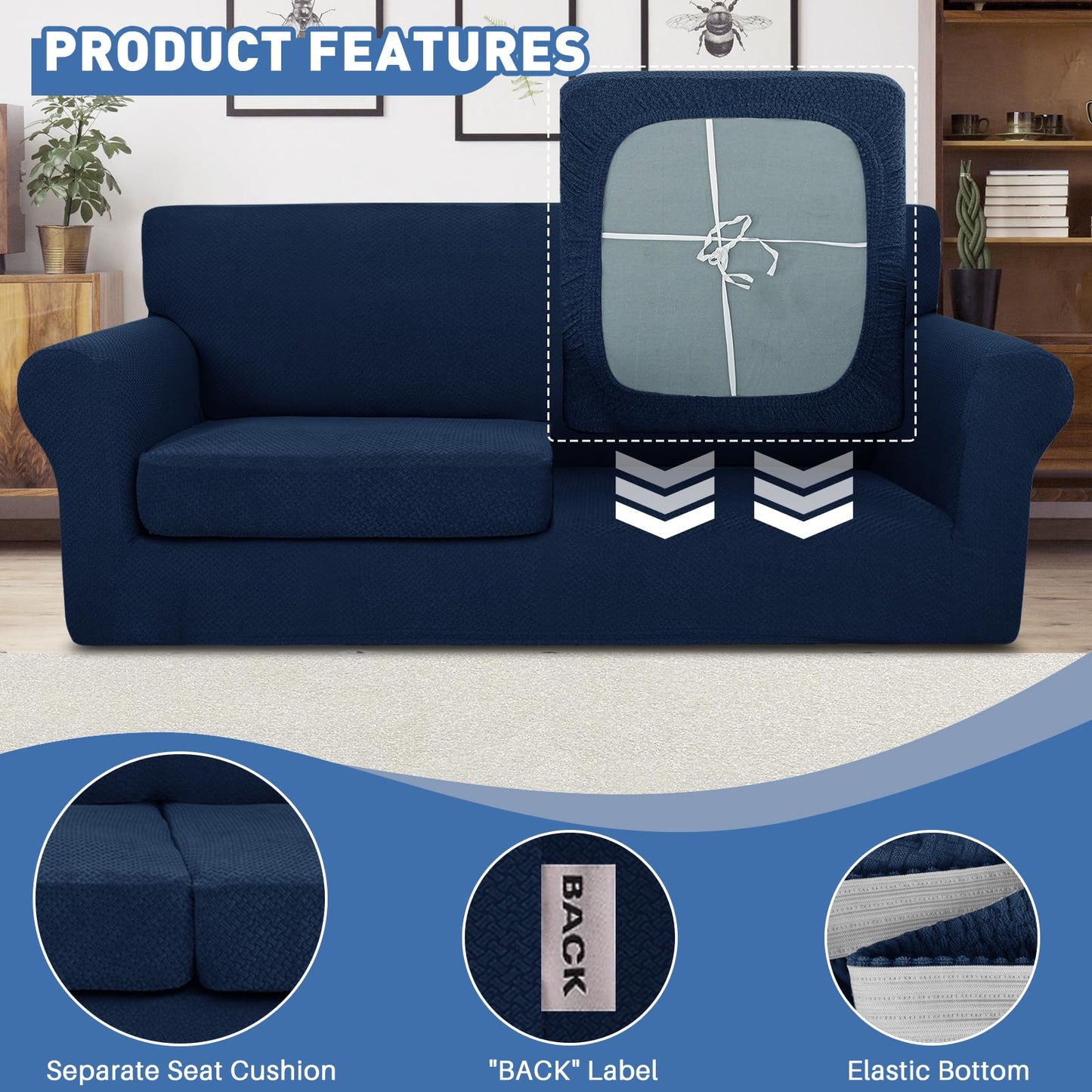 JIVINER 3 Pieces Couch Covers for 2 Cushion Couch Stretch Sofa Slipcover with 2 Extra Large Seat Cushion Covers Thick Fitted Loveseat Sofa Covers for Living Room (XL Loveseat, Navy Blue)