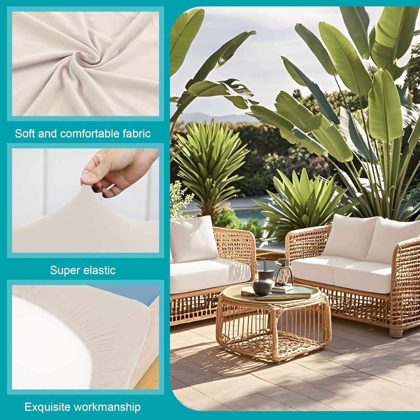 Skiennix 14-Piece Stretch Patio Cushion Covers - Washable Outdoor Sofa Slipcovers in Beige