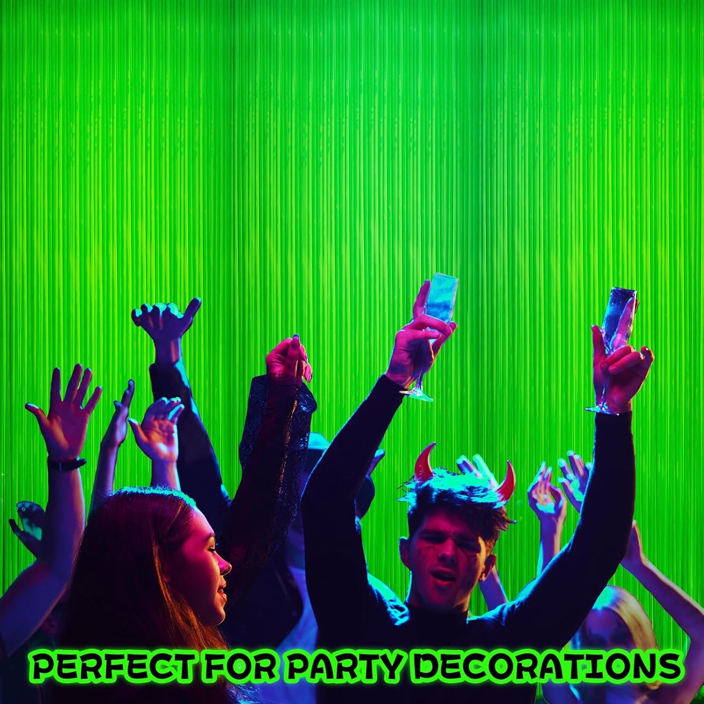 Skiennix Glow In The Dark Curtains - 4 Pack Tinsel Foil Fringe Backdrop for Neon Parties | 6.6 x 3.3 Ft