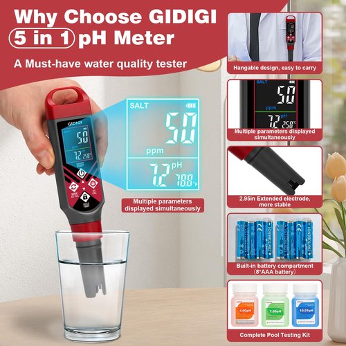 Digital Pool Salt Tester & pH Meter Water Quality Tester with Color Screen for Pool Aquarium Hot Tub Hydroponics 0.1 High Accuracy Salinity Tester Pool Water Testing Kit for Saltwater Aquarium
