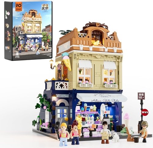 FUNWHOLE Gelato-Store Lighting Building Bricks Set - 1948 Pcs LED Ice Cream Shop Model for Adults
