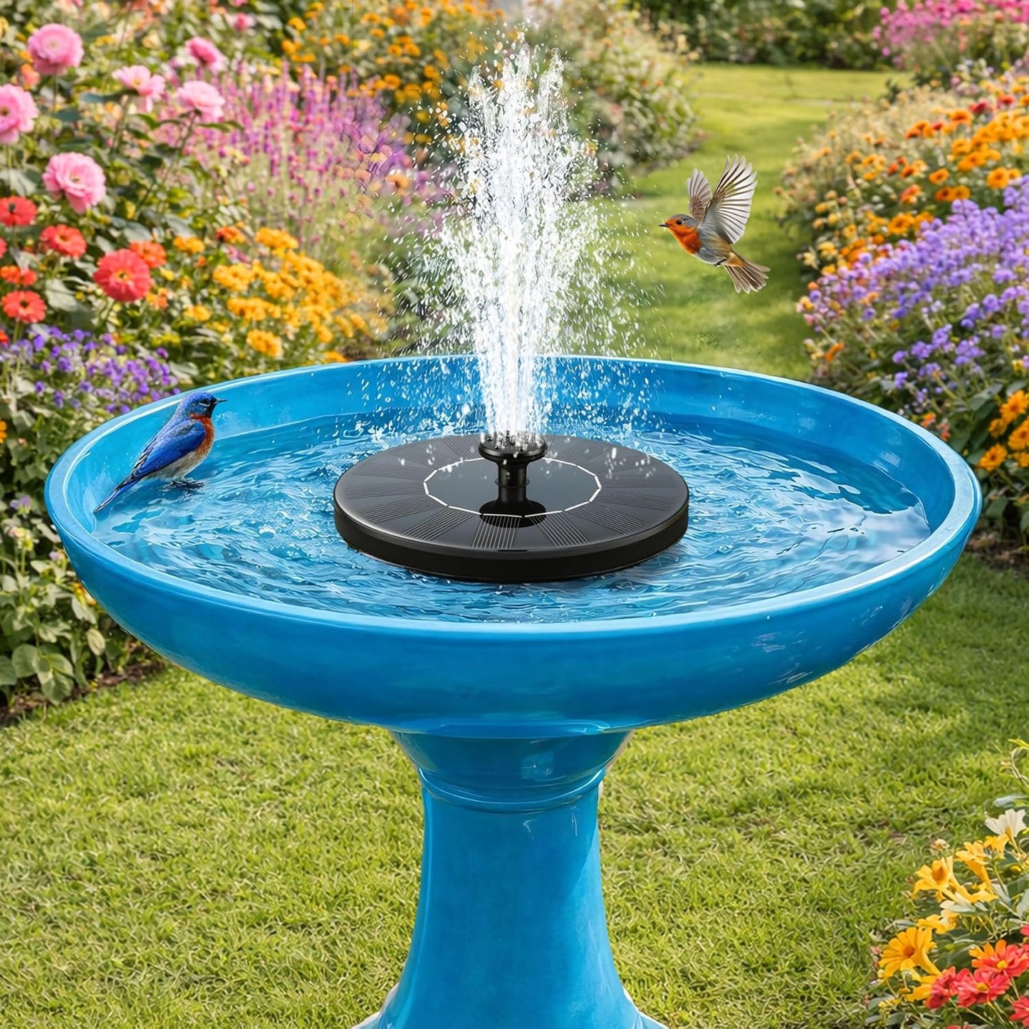 Skiennix Solar Fountain - Floating Water Pump with 6 Nozzles & 4 Fixed Pipes for Bird Baths, Gardens, Ponds, Pools