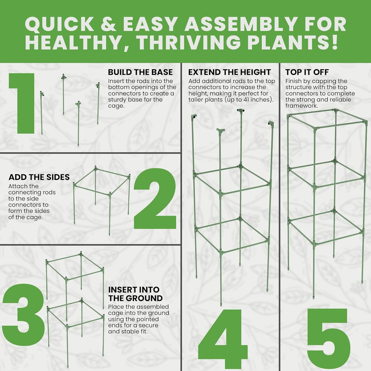 Square Tomato Cage - Durable Plant Support for Vegetables & Climbing Plants | 3 Pack - Up to 41” Tall
