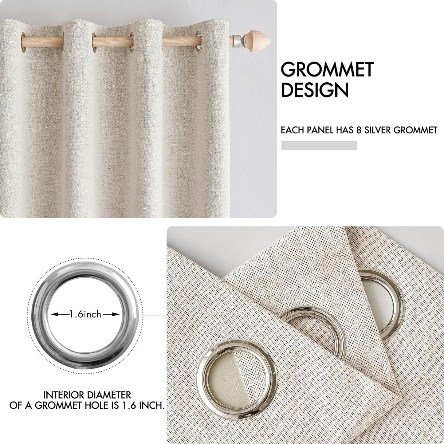 MIULEE Linen Curtains - 100% Blackout Thermal Insulated Grommet Drapes | Birch, 52 x 45 Inch (2 Panels)