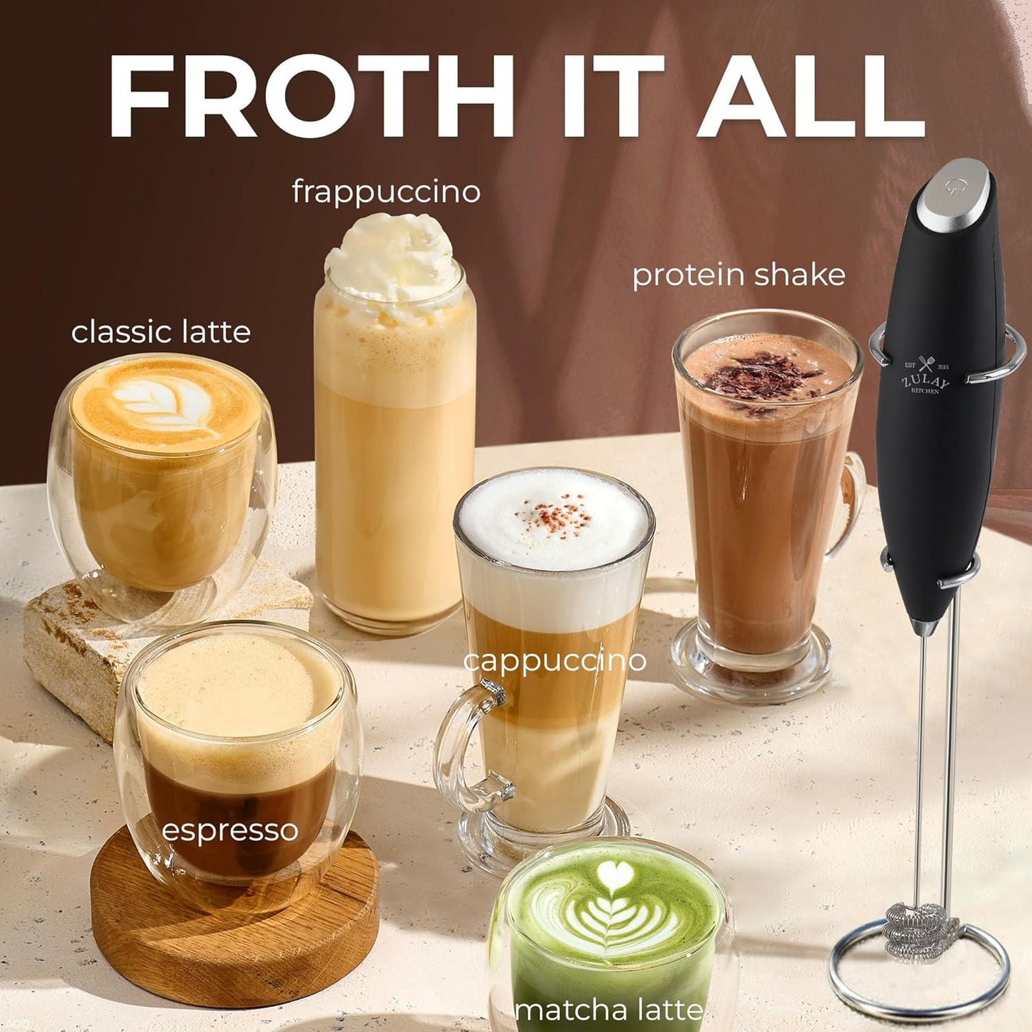 Zulay Kitchen Tornado Triple Whisk Milk Frother - Handheld Foam Maker for Coffee & Lattes | Alpha Black, 4 Duracell Batteries Included