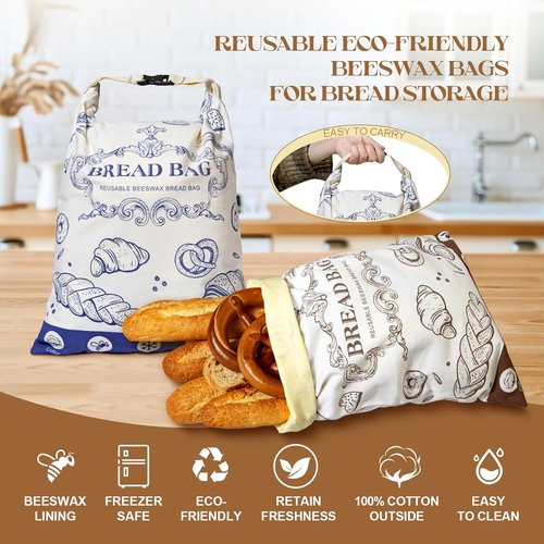 Beeswax Bread Bags by Skiennix - 2 Pack Reusable Food Storage Bags for Fresh Homemade Bread | 17"x12" Natural Cotton