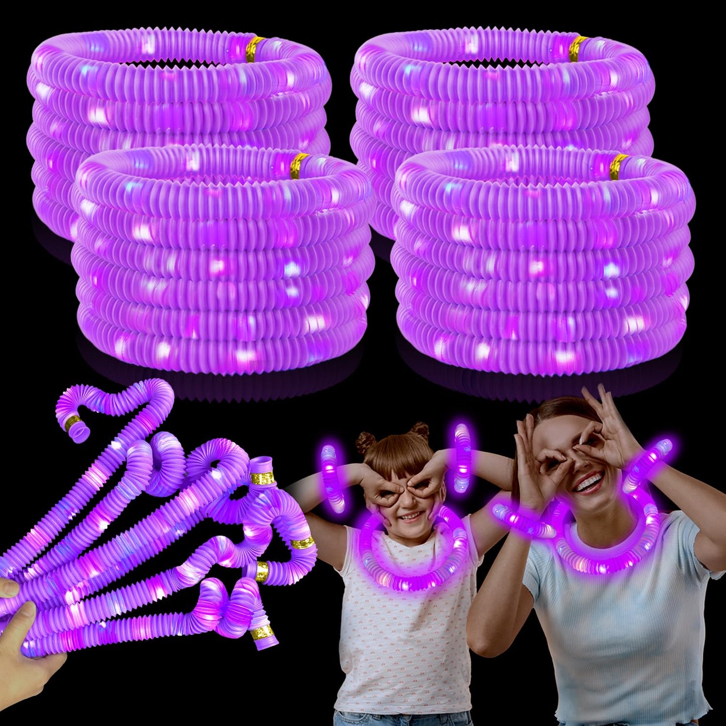 Purple Glow Sticks Pop Tubes,12-24PCS Light Up Necklaces & Bracelets,Mardi Gras Party Favors Accessories Decorations,Glow Birthday Wedding Carnival Valentines Day Party Supplies for Kids & Adults