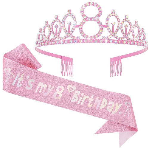 Canitor 8th Birthday Decorations for Girls Birthday Girl Crown Tiara & Glitter Sash Set for 8 Year Old Girl Birthday Gift Birthday Girl Headband Hat
