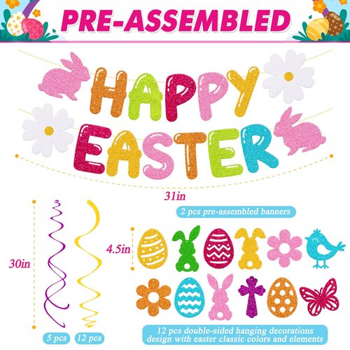 Easter Party Decoration Set Happy Easter Banner with 17 Pcs Hanging Swirl Decor Hello Spring Garland Eggs Hunting Bunnies Flowers Goodies Chocolate Jesus theme Party Supplies