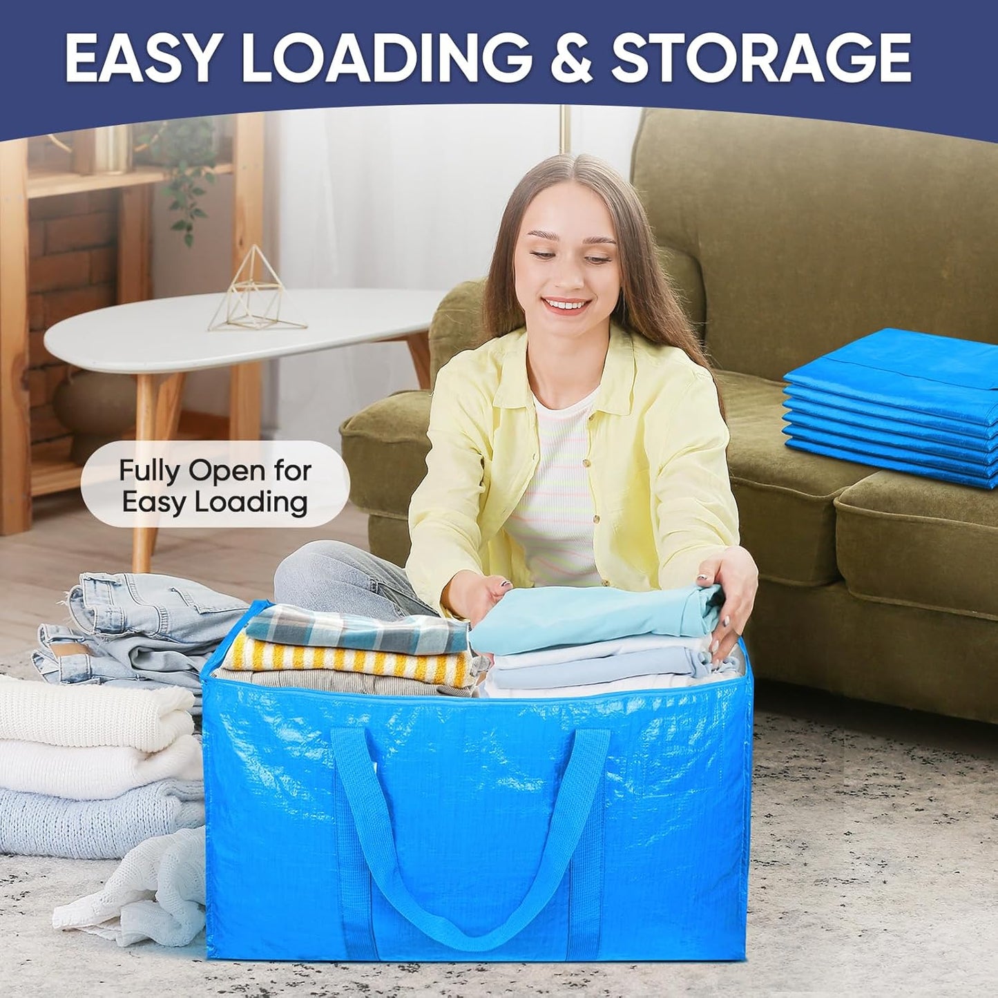 TICONN Extra Large Heavy-Duty Moving Bags - Durable Storage with Zippers & Handles | 6 Pack, Sky Blue