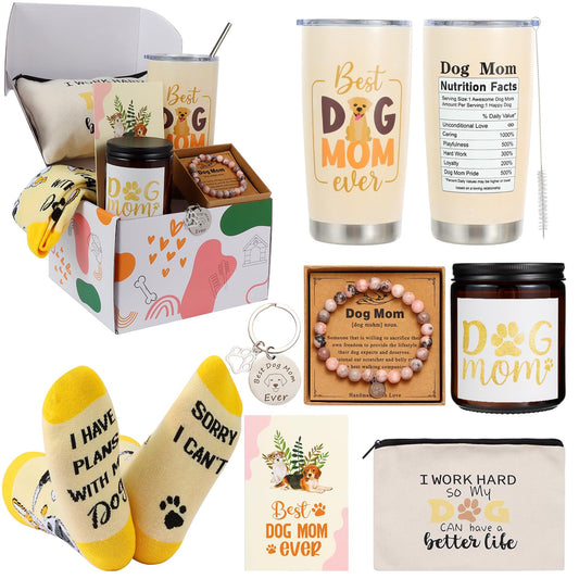 Dog Mom Gifts for Women Best Dog Mom Gifts Dog Gift Basket Cool Gifts for Dog Lovers Including Makeup Bag 20 oz Tumbler Keychain Socks Candle Bracelet Gift Card for Birthday Christmas Mothers Day