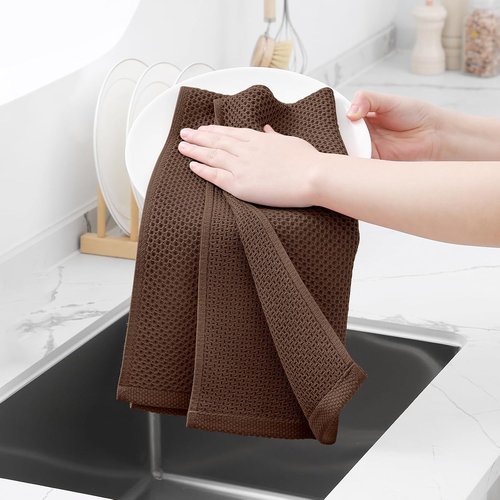 Homaxy Kitchen Dish Towels - Ultra Soft 100% Cotton Waffle Weave, Quick Drying, 12-Pack, Coffee Color, 13 x 28 Inches
