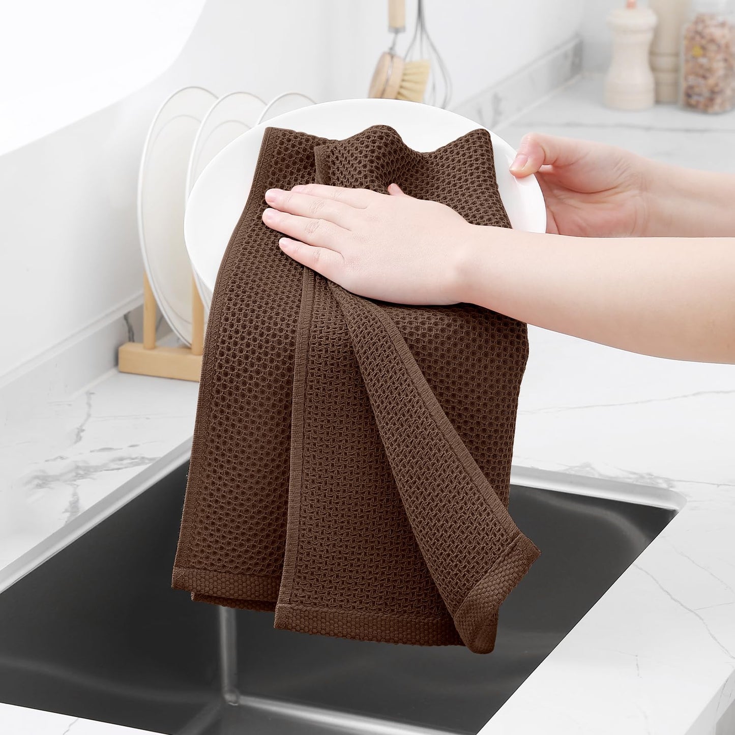 Homaxy 100% Cotton Waffle Weave Kitchen Dish Towels, Ultra Soft Absorbent Quick Drying Cleaning Towel, 13 x 28 Inches, 12-Pack, Coffee