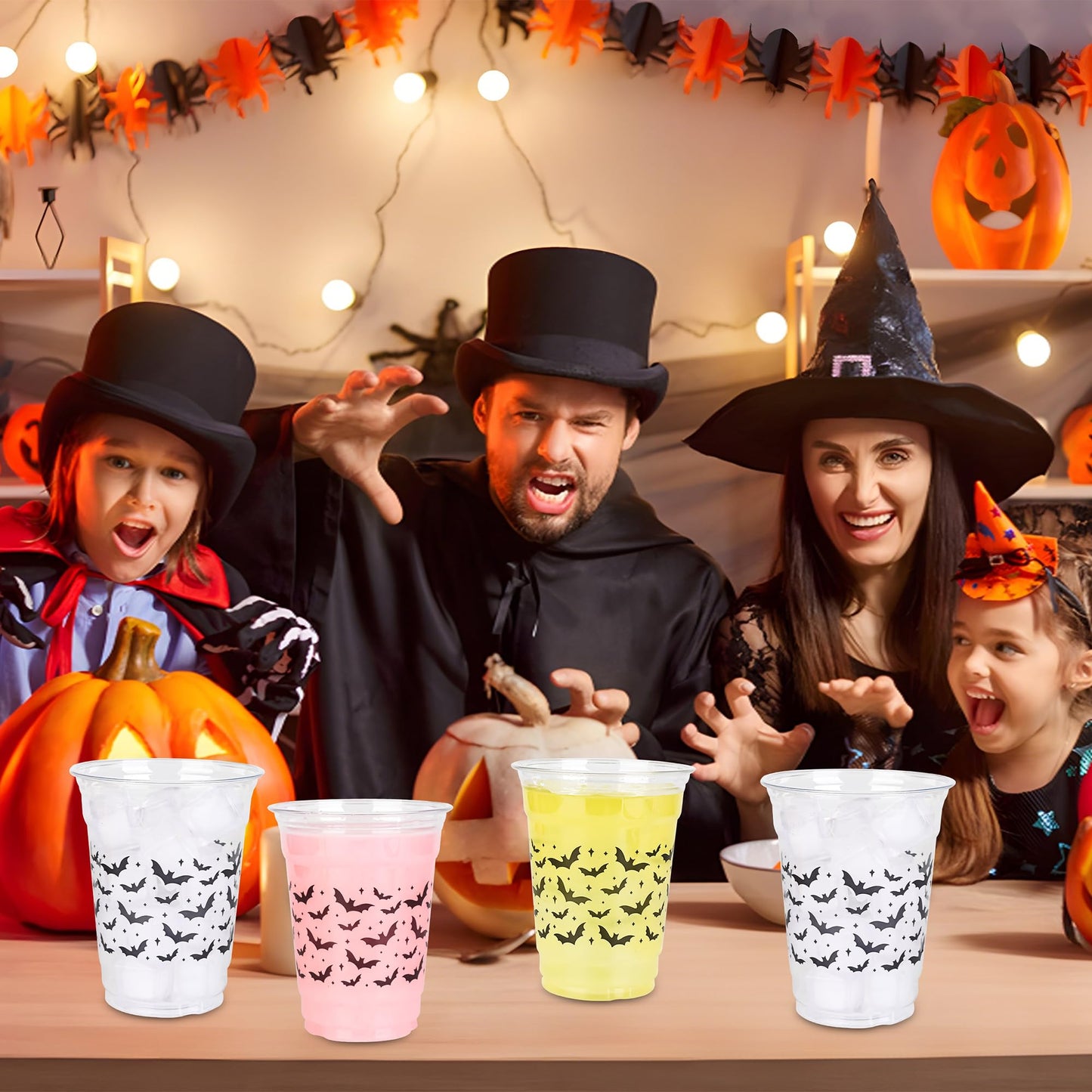 AimFun Halloween Bats Plastic Cups White Black Ghosts Disposable Party Cup Cute Spooky 12oz Clear Cups for Candy Beverage Snacks Birthday Baby Shower Party Supplies (50, Bats)