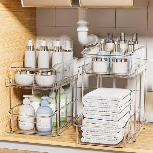 Delamu 2-Tier Under Sink Organizer - Multi-Purpose Stackable Bathroom & Kitchen Storage | 2 Pack, Clear