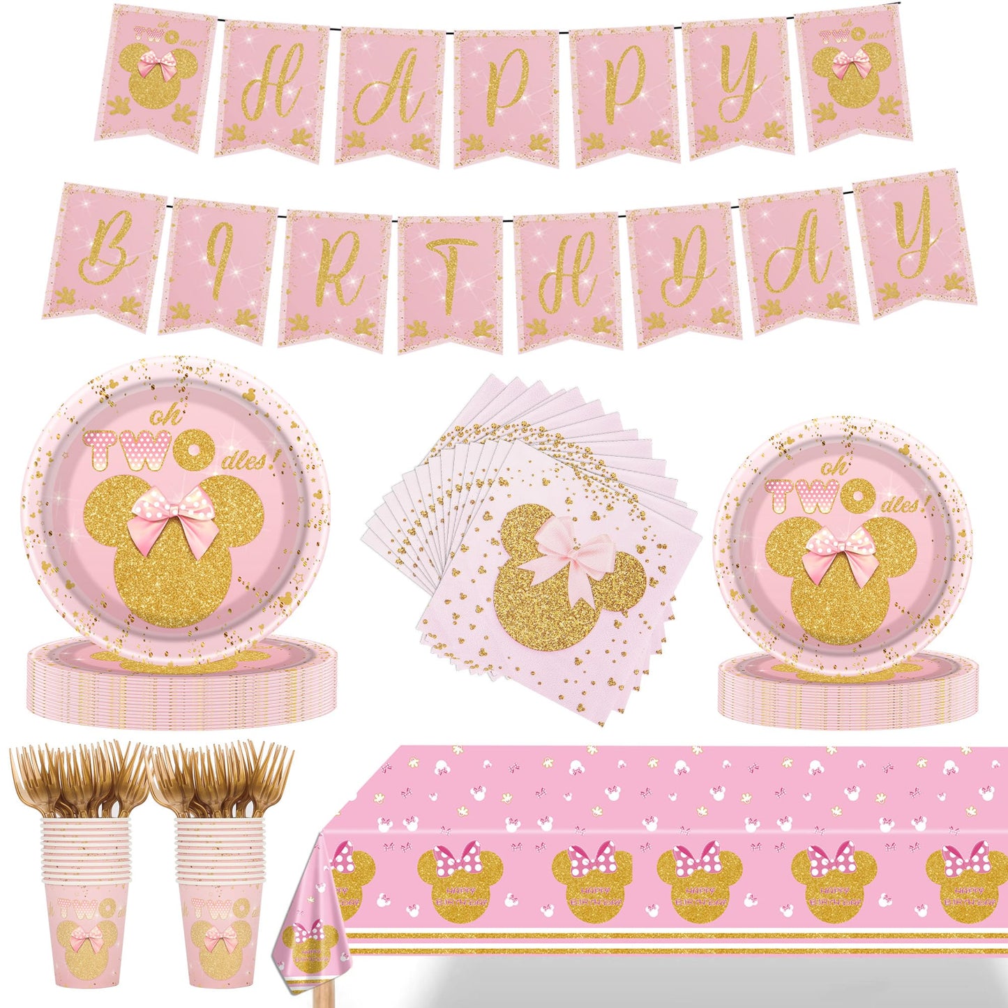 122PCS Cartoon Mouse 2nd Birthday Party Supplies - Girls Two Years Old Birthday Party Decorations, Include Birthday Banners, Tablecloth, Plates, Napkins Party Supplies for Kids Party Favor Gift