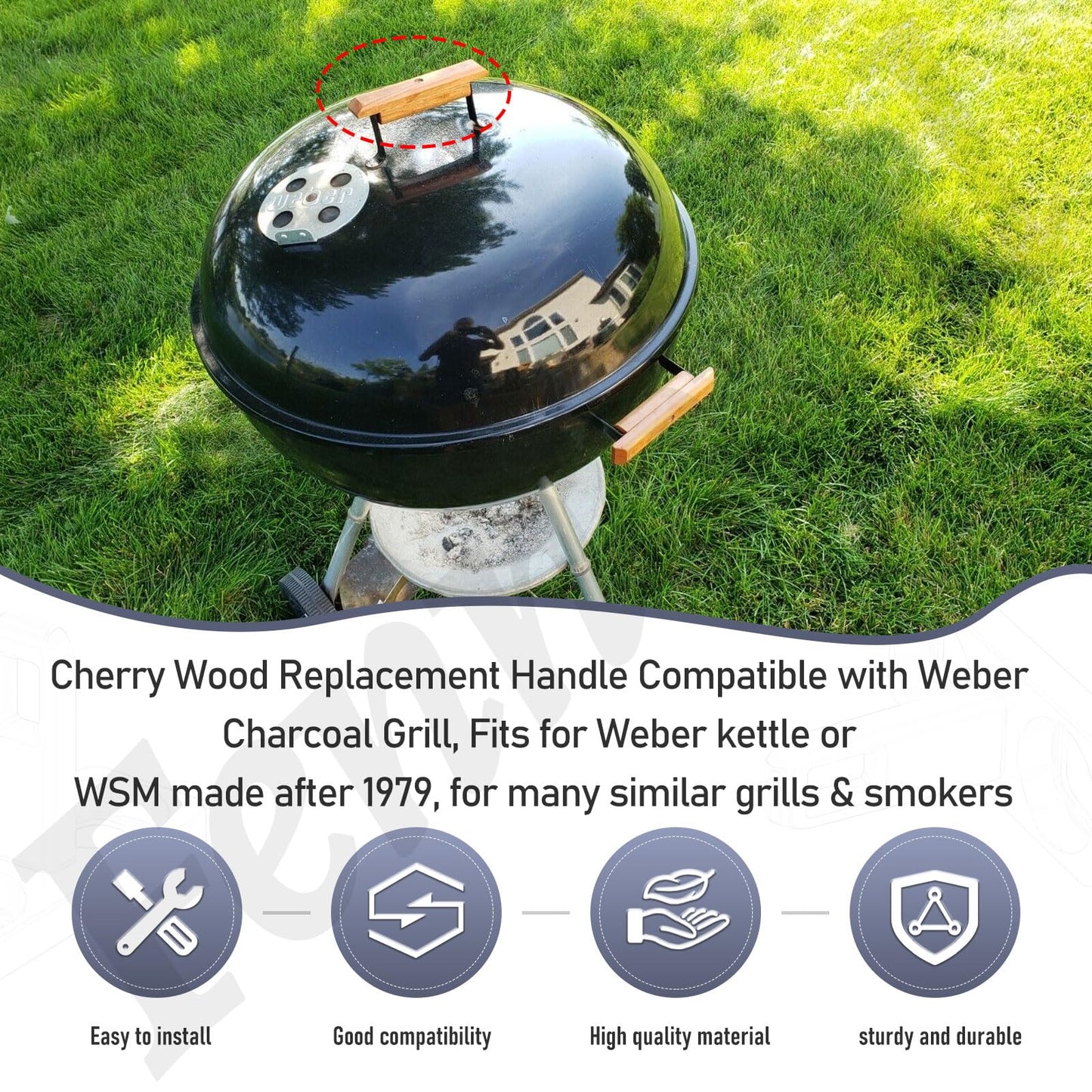 3Pack Cherry Wood Replacement Handle for 22.5" & 18.5" One Touch Grills Compatible with Weber Charcoal Grill Including Mounting Screws