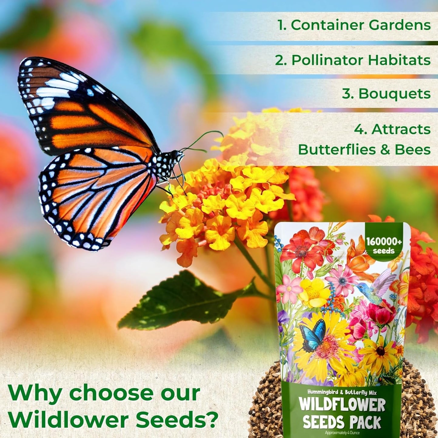 Wildflower Seeds by 160000+ | 4oz Assortment of Sunflower, Lavender, Zinnia & More - Attracts Bees & Butterflies, Easy to Grow