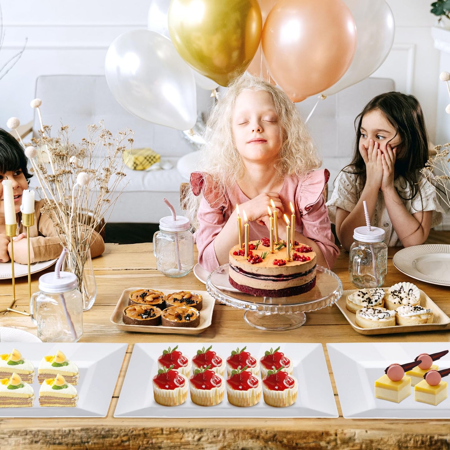 Mwellewm 12 Pcs White Plastic Serving Trays, 14''x9'' Rectangle Dessert Trays for Dessert Table, Party Food Display Set Disposable Platters Cookie Cupcake Gold Serving Tray for Birthday Party Wedding