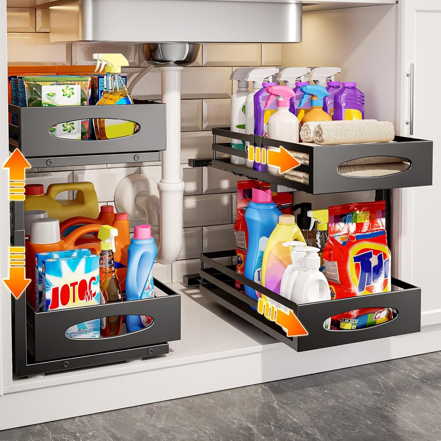 Mixeshop Under Sink Organizer - 2-Tier Adjustable Storage Solution | Slide-Out Metal Cabinet Drawer (Black)