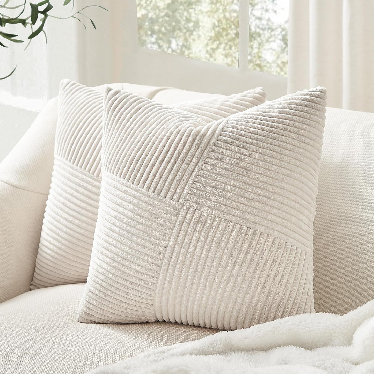 Topfinel Decorative Pillow Covers - Soft Corduroy Striped Patchwork | Set of 2, 12x12 Inch, Cream White