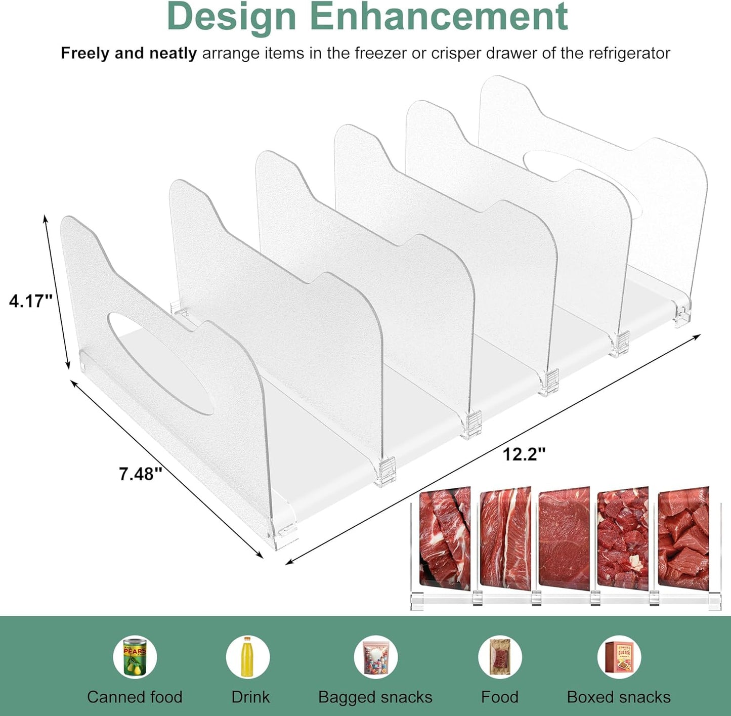 SURETIVIAN Freezer Organizer Rack - 12” Adjustable Fridge Storage with Removable Dividers & Handles | White