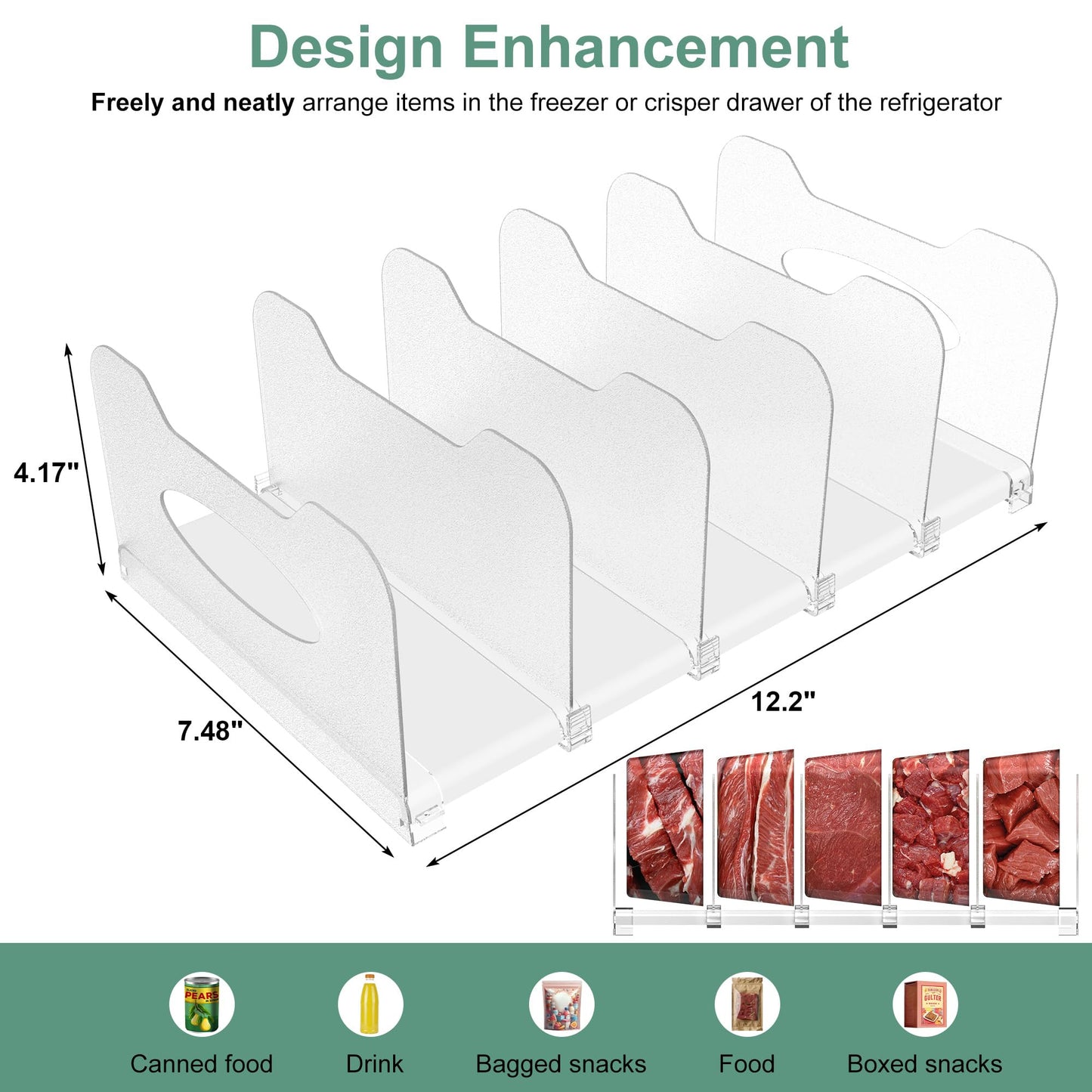 SURETIVIAN Freezer Organizer 12” Visible Fridge Organizer Rack with Removable Dividers and Handles, Freely Adjustable, Fits Refrigerator Frozen Meals, Lunch Meat Box, Cheeses(White)