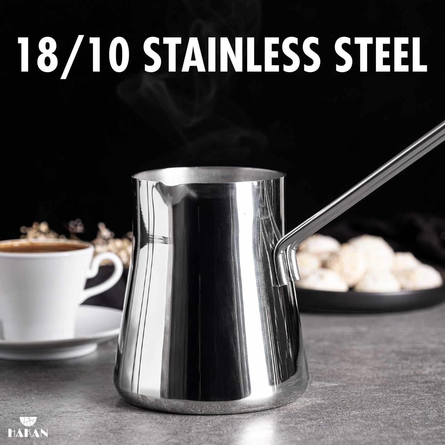 Hakan Turkish Coffee Pot, Greek Arabic Coffee Cezve, Stainless Steel Stove Top Milk Warmer, Chocolate Melting Pot with Spout, Chai Pot, Ibrik, Briki | 16.9 oz. (500 cc)