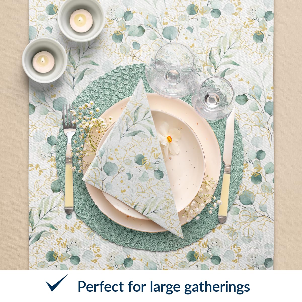 PAW - 50 Pieces Airlaid Paper Linen-Feel Napkins 16" x 16", Disposable Cloth-Like Napkins with Eucalyptus Design, Dinner Napkins for Kitchen, Party, Wedding, Barbecue, Picnic
