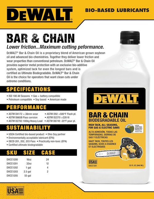 DEWALT – Eco-Friendly Biodegradable Bar & Chain Oil – Non-Toxic Lubricant for Gas & Electric Saws | 1 Gallon