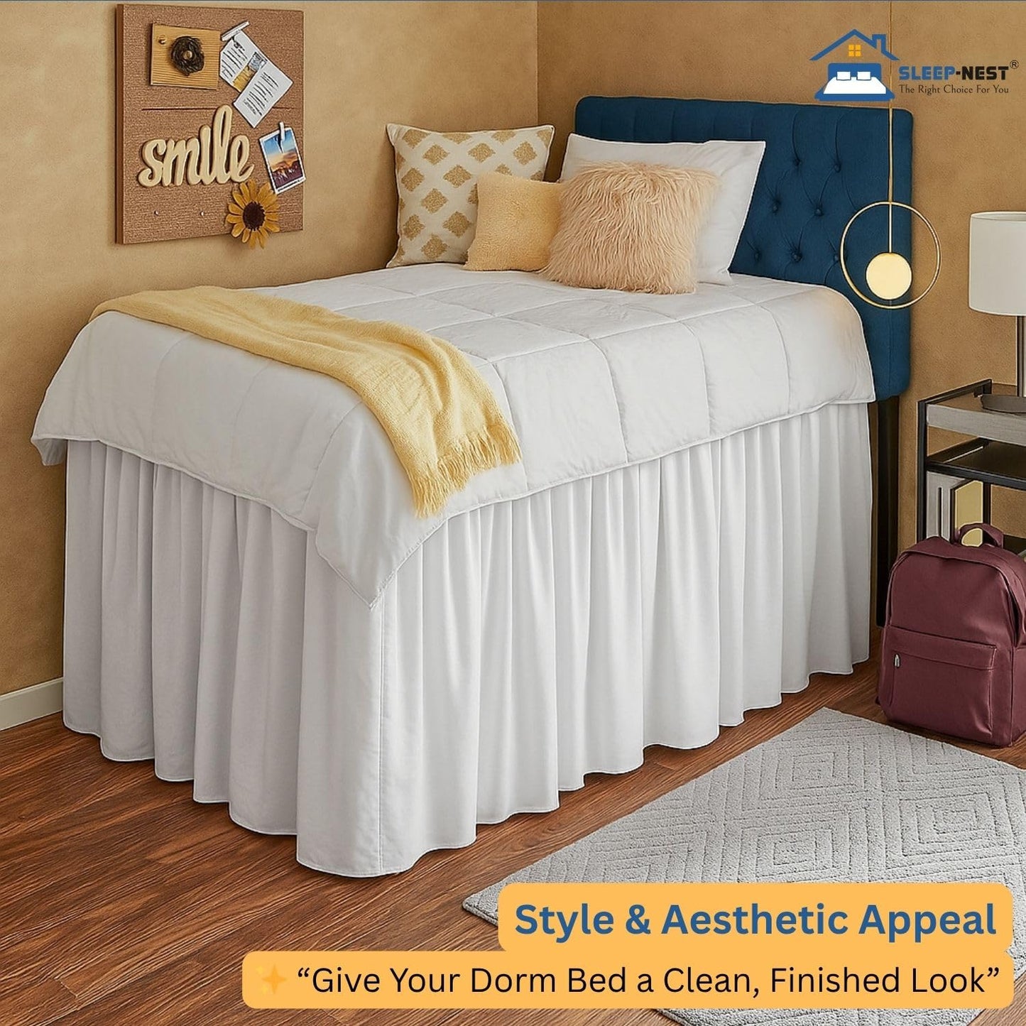SLEEP-NEST Twin XL Dorm Bed Skirt - 42” Extra Long Drop, Platform Style - Dust Ruffle Bed Skirt, Wrinkle-Resistant, Hidden Storage Solution, Easy Fit for College Dorm Beds - White