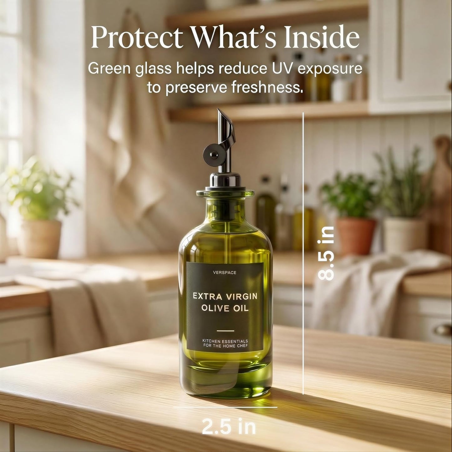 Verspace Olive Oil Dispenser Bottles - UV-Protected Green Glass - 12oz, 2 Pack with 40 Labels for Modern Kitchen Decor