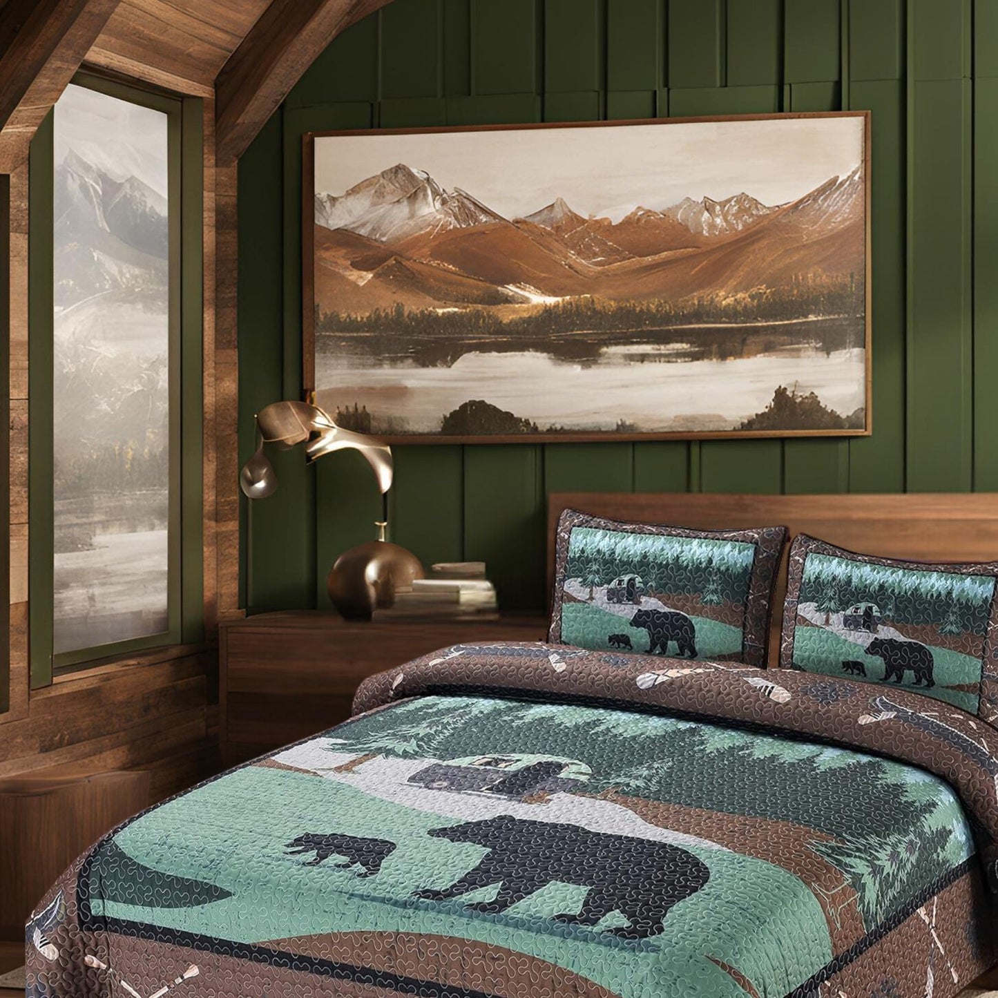 BestGiftEver Quilt Queen Size with Unique Bear RV Park Theme Print Design, Cabin Lodge Quilted Bedspread Coverlet, 3-Piece Rustic Bedding Set with Queen Quilt and 2 Pillow Shams for Nature Lovers