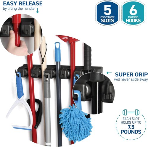 Garage Storage Organizer | 2 Pack Mop and Broom Holder by [Brand Name] - 5 Slots, 6 Hooks, 7.5lbs Capacity - Perfect for Home, Kitchen, Closet, Laundry Room