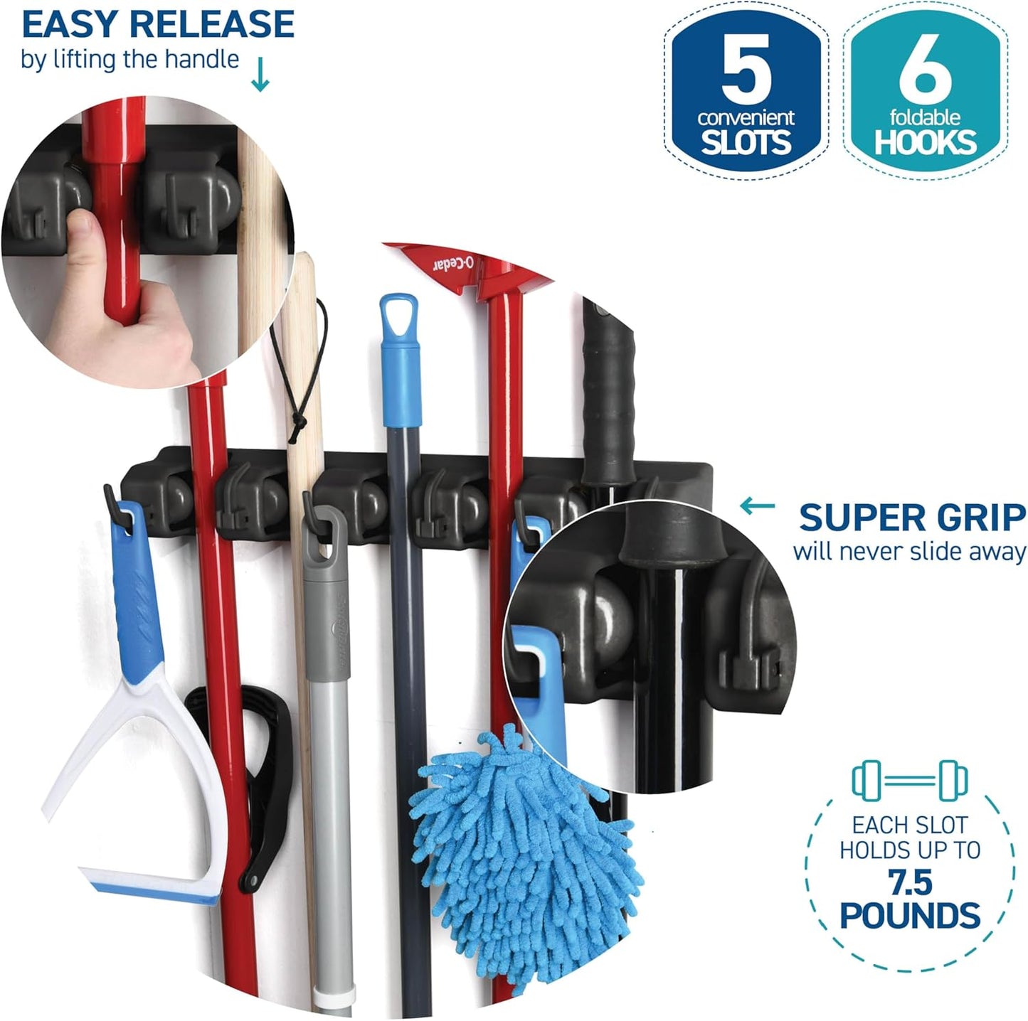 Skiennix Mop And Broom Holder Wall Mount - 5 Slots, 6 Hooks For Efficient Garage Storage | Black