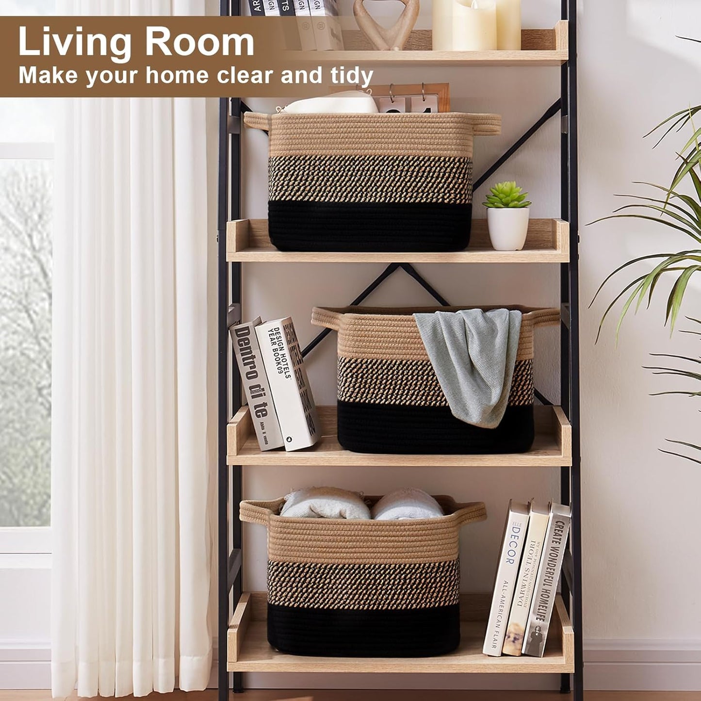 OIASKET Storage Basket - Woven Organizing Bins for Toys, Books, Nursery | Pack of 3 (Black & Brown, 13"x9.85"x8.7")