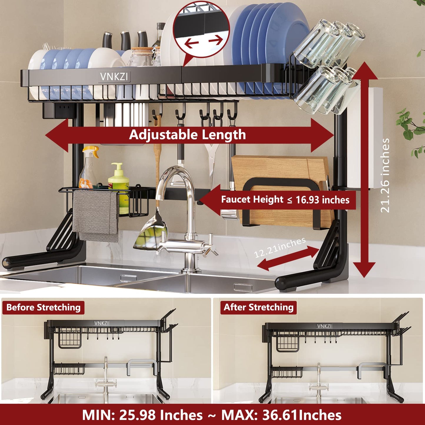 VNKZI Over Sink Dish Drying Rack, 2 Tier Stainless Steel Storage Adjustable Length (25.98'' to 36.61'') Kitchen Rack, Multifunctional Expandable Counter Organizer, Space Saver Dish Rack