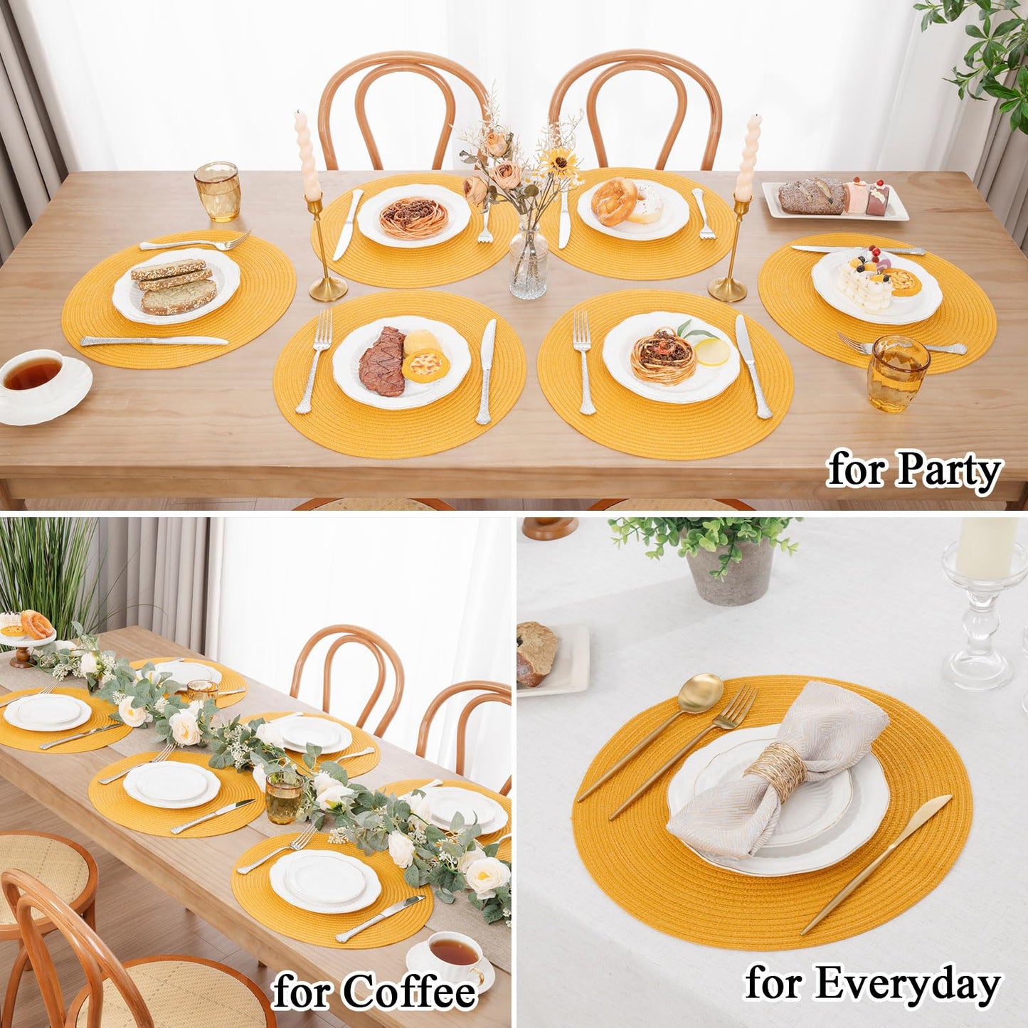 SHACOS 15 inch Round Braided Placemats Set of 6 Non Slip Washable Kitchen Table Place Mats Cotton Polyester Heat Resistant Table Mats for Home Wedding Dinner Party Table Decor, Mustard Yellow