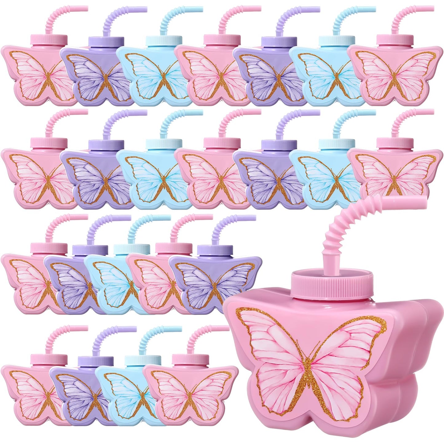 Mifoci 24 Pcs Butterfly Shape Cups Bulk, 10 oz Plastic Butterfly Themed Drinking Cups Pink and Purple Tea Party Supplies Fairy Birthday Party Decoration for Girls Wedding Baby Shower Favor