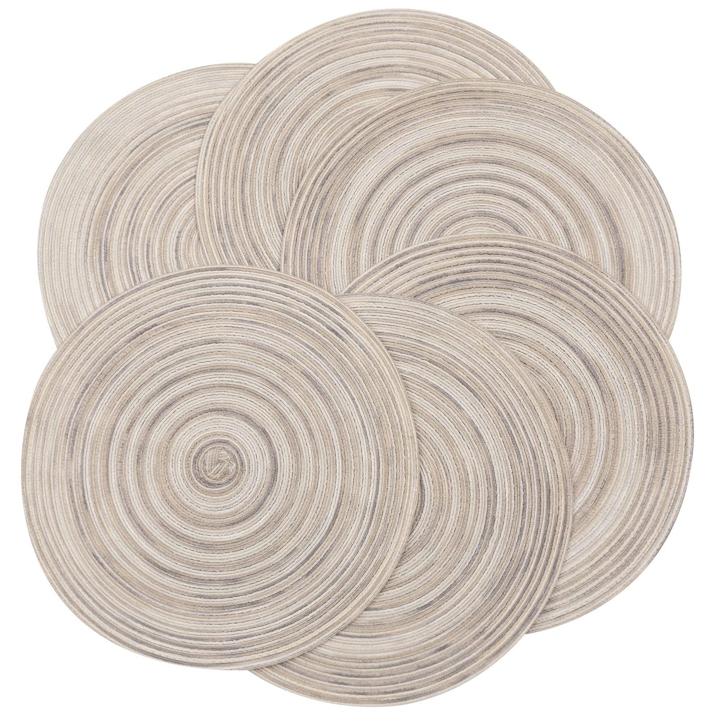 SHACOS Round Braided Placemats 15 inch Set of 4 Variegated Washable Kitchen Table Placemats for Home Wedding Party (Rainbow Gray, 4)