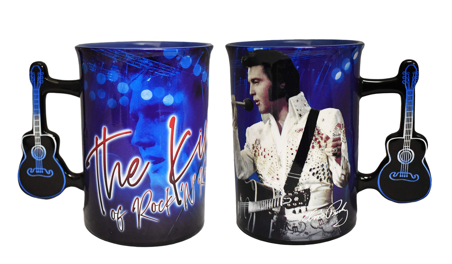 Midsouth Products Elvis Presley Ceramic Mug with Guitar Handle – Iconic White Jumpsuit Design – 16oz Collector's Item for Elvis Fans