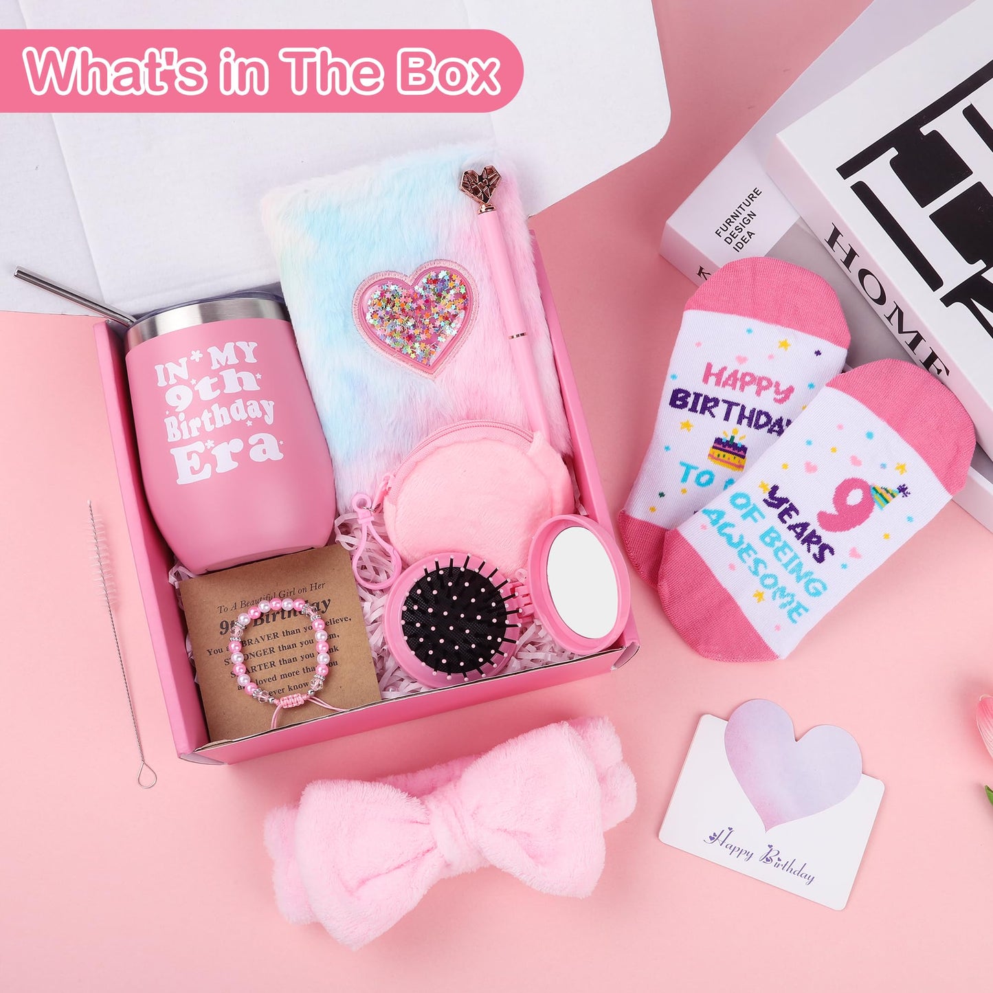 Splendest 9 Year Old Girl Birthday Gifts – 9PCS Pink 9th Birthday Presents for Girl – Gifts for 9 Year Old Girls