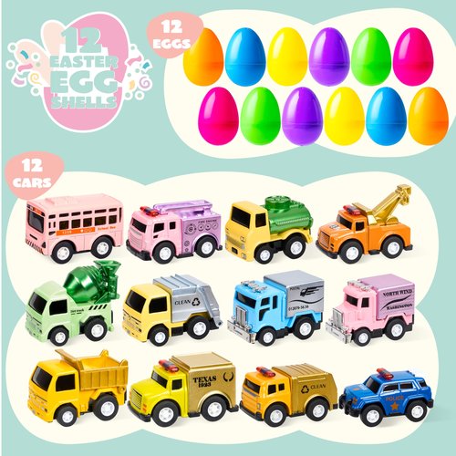 JOYIN 12 Pcs Easter Eggs Filled with Toy Cars, Colorful Stuffed Eggs with Pull Back Die-Cast Cars for Easter Hunt Game, Kids Basket Stuffer, Party Favor, Classroom Prize