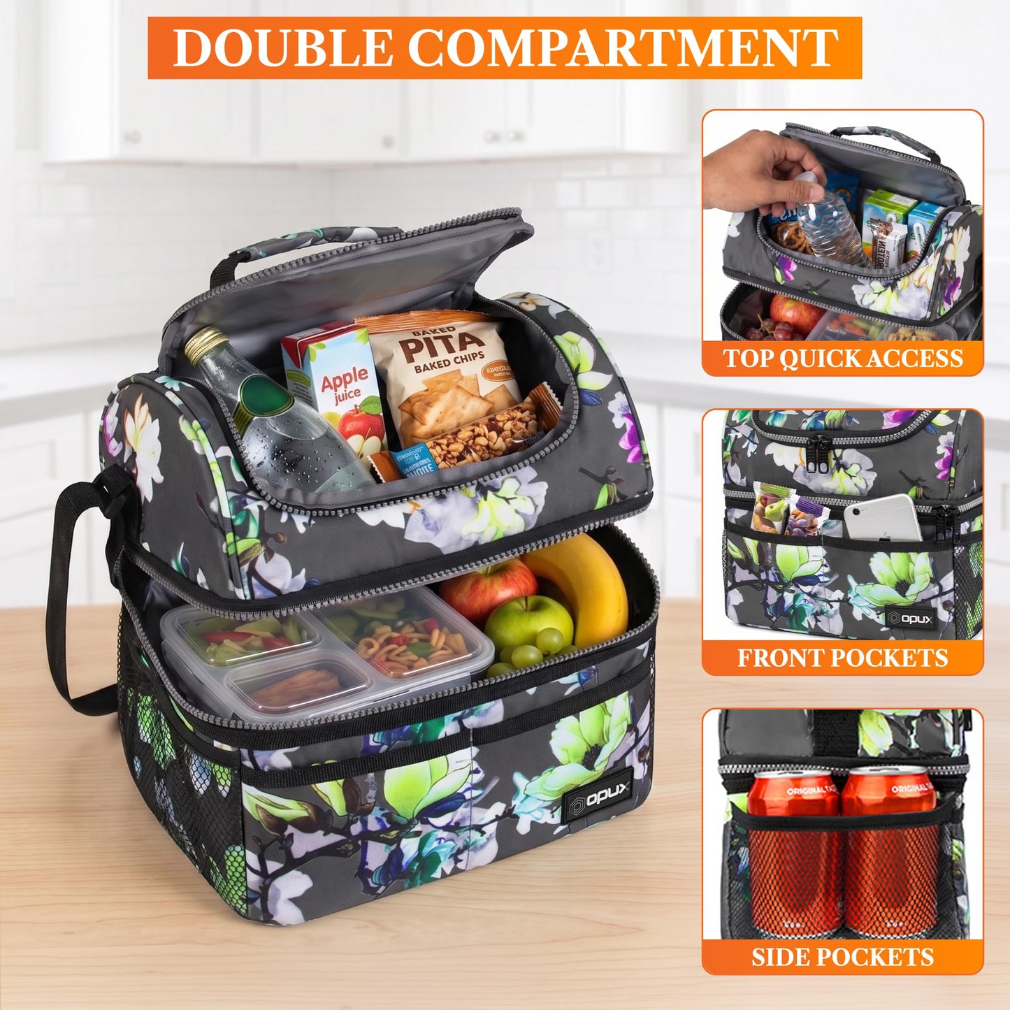 OPUX Insulated Lunch Bag for Women, Double Decker Leakproof Lunch Box Cooler Tote with Shoulder Strap, Large Lunchbox for Work School Travel Meal Prep, Adults Kids Men Girls Boys, Floral Gray, 16 Cans