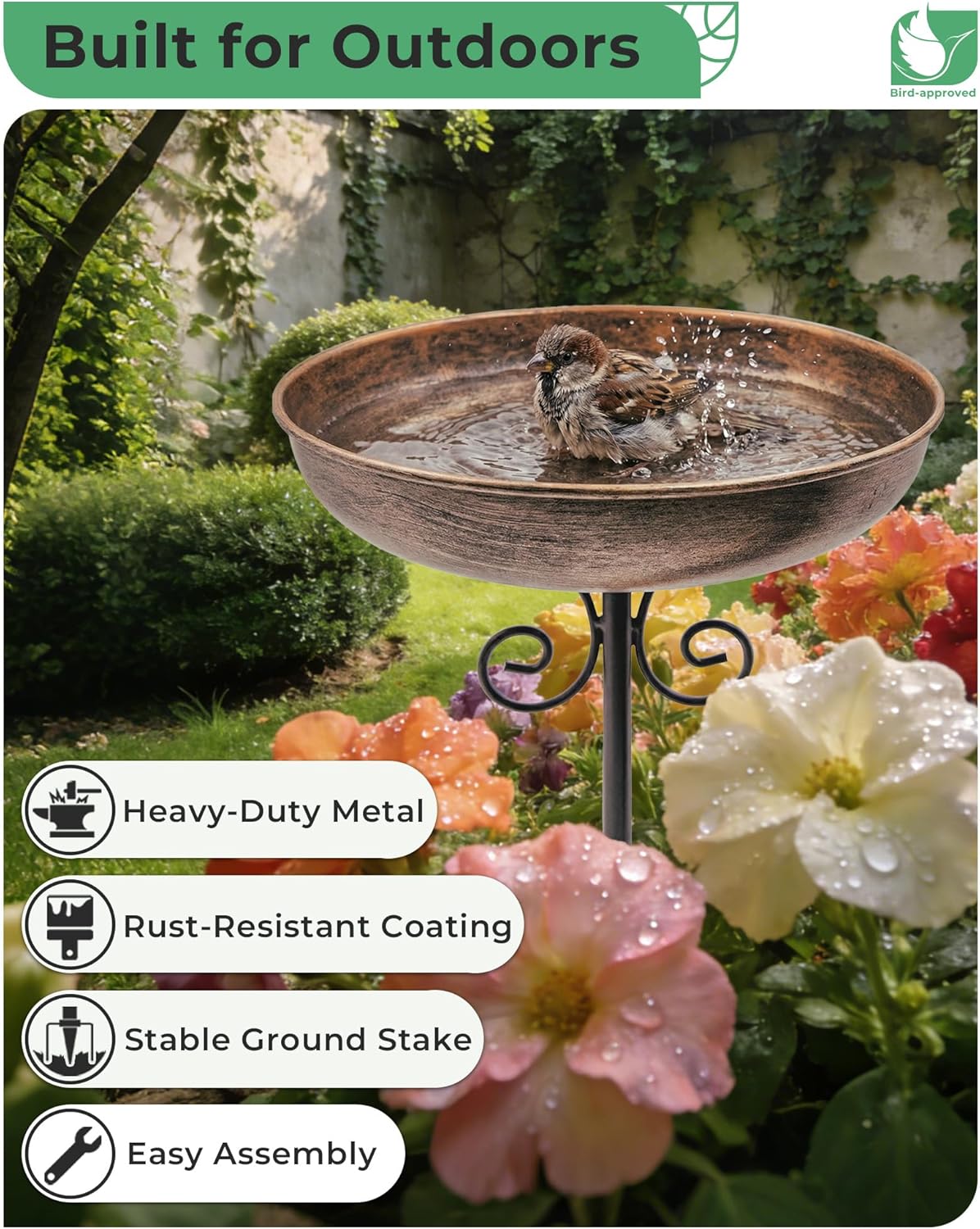 Small Metal Bird Bath - 10" Dia Bowl with Stake | Outdoor Garden Yard Decor, 0.4 Gallon